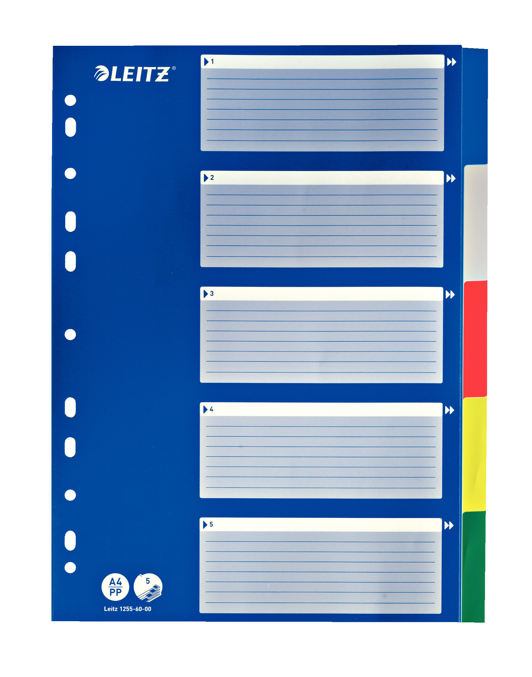 Leitz A4 5 Separadors Arxivador Multicolor, Pestanyes de Plàstic Resistent amb Caràtula d'Índex, 12.556.000